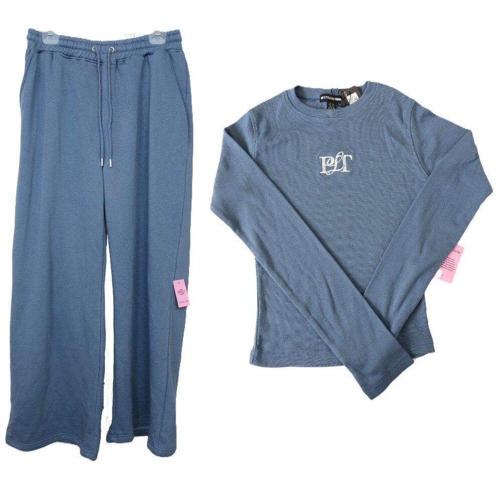 PrettyLittleThing LG SET Dusty Blue Oversized Wide Leg Joggers & Fitted T-Shirt